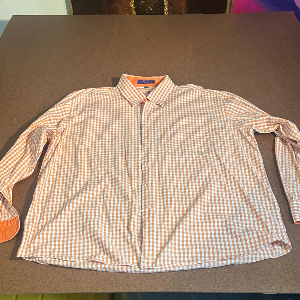 Alan Flusser Men's Orange and White Gingham Shirt